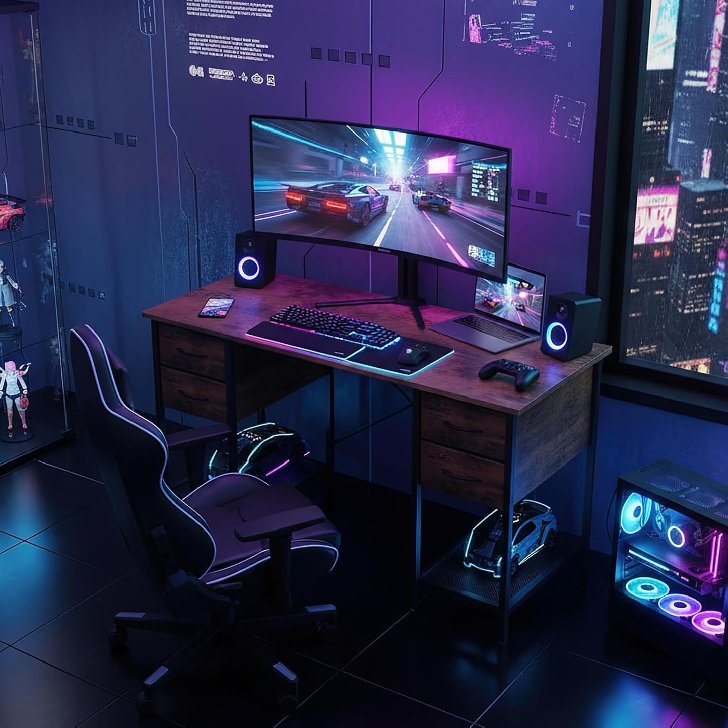 Computer Desk 47 Inch with 4 Drawers Home Office Table with Mesh Shelf for Work Study Writing Gaming Storage Furniture for Bedroom, Rustic Brown