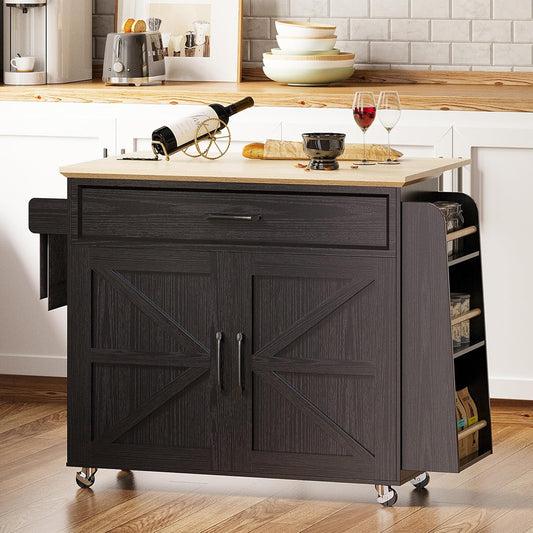 Kitchen Island Cart with Storage, Rolling Kitchen Table with Power Outlet, Storage Cabinets on Wheels with Drop Leaf, Portable for Dining Room, Black