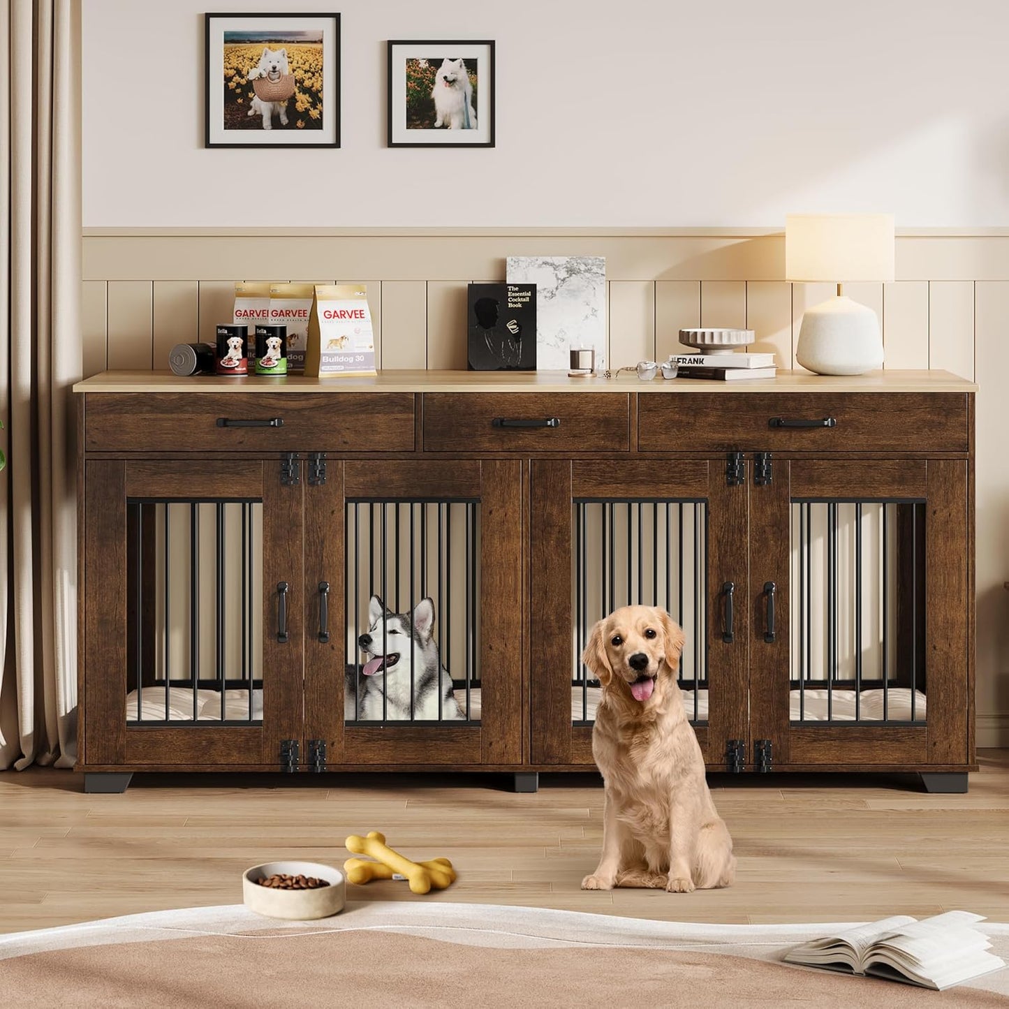 71 in Dog Crate Furniture for 2 Rooms, Wooden Double Crate Large Breed with Door, Dog Kennel Indoor, TV Stand End Table with Divider for Large Medium Dogs,Grey