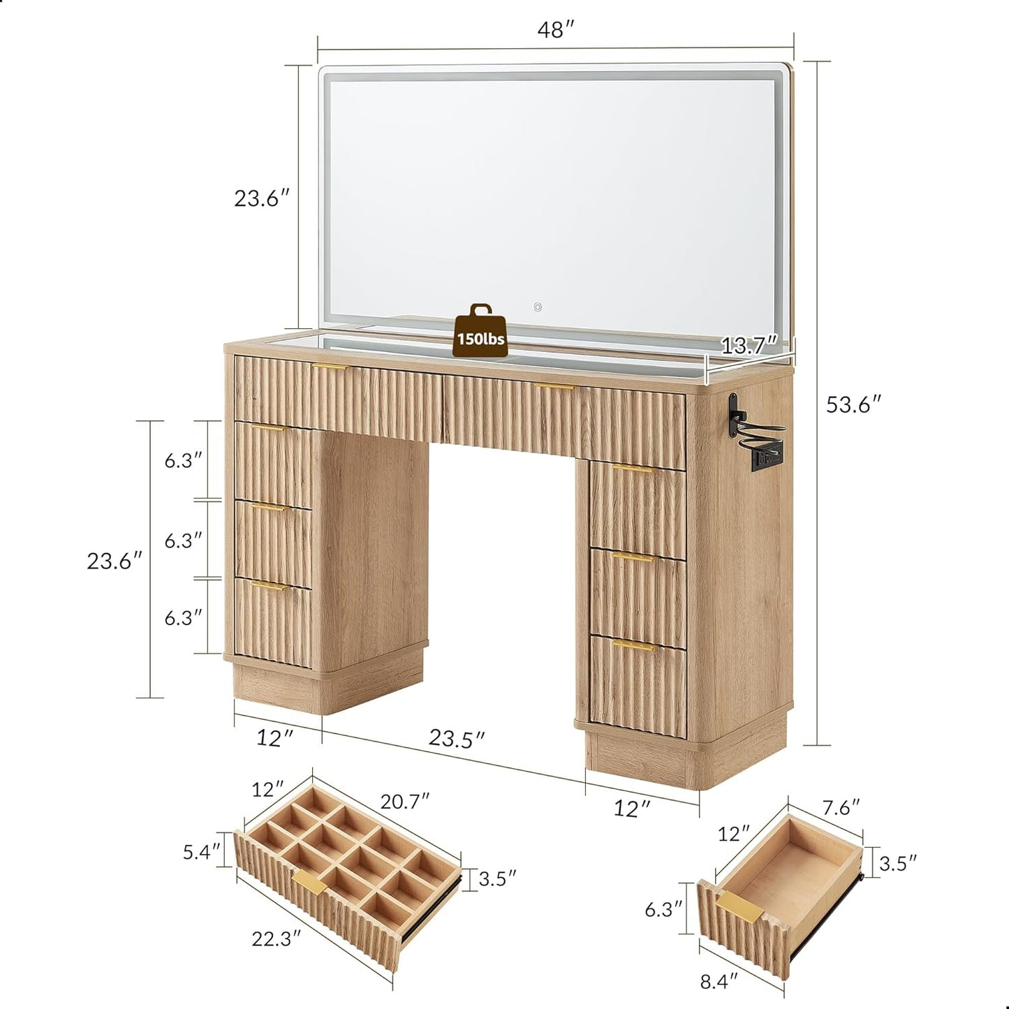 48" Fluted Makeup Vanity Desk with Large Led Lighted Mirror, Modern Vanity Table with 8 Drawers & Charging Station, Glass Top Dressing Table for Bedroom, Natural Oak