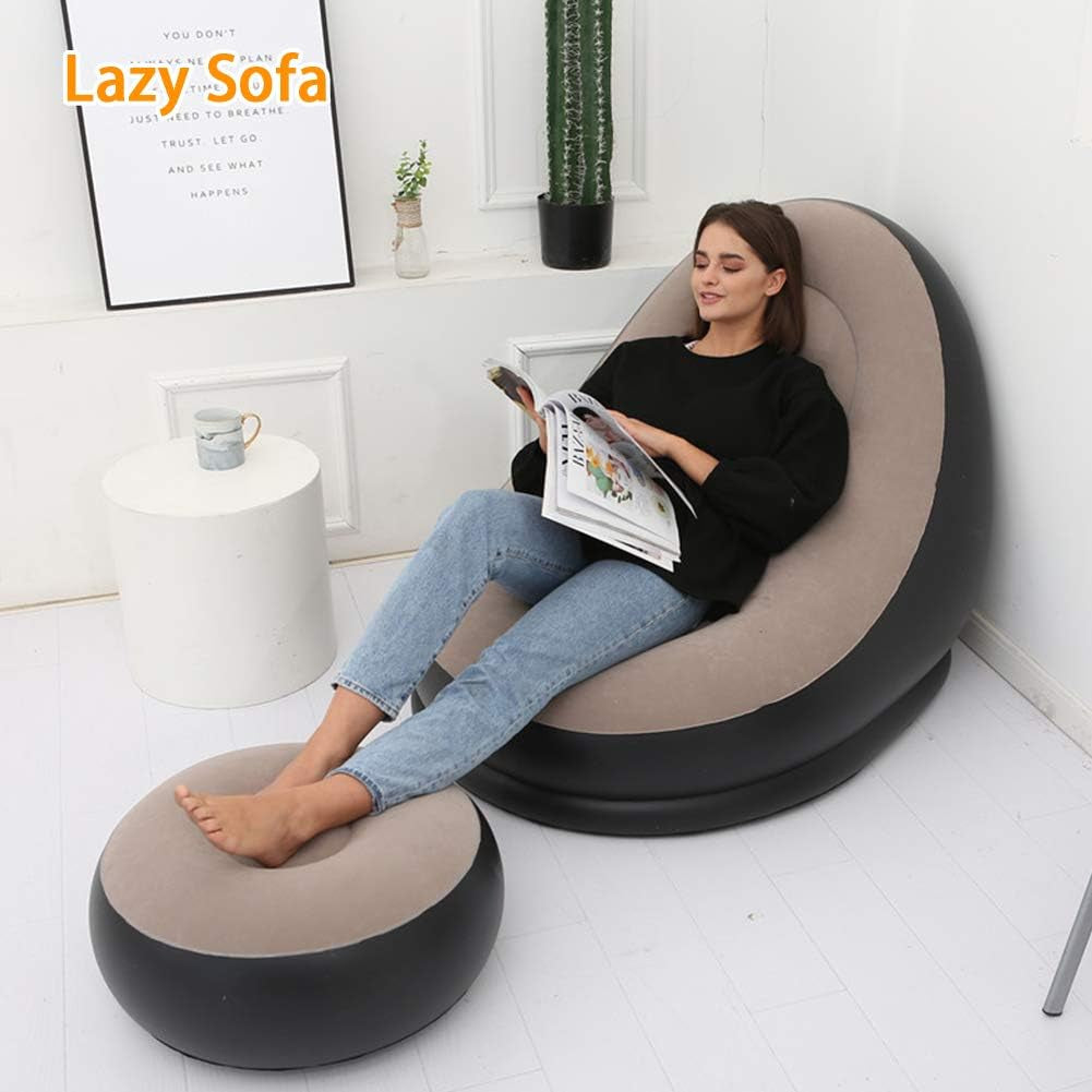 Inflatable Lounge Chair for Adults, Folding Portable Lazy Sofa with Foot Stool Lazy Flocking Recliner Chair Air Couch Sofa for Indoor Outdoor Travel Camping(No Pump)