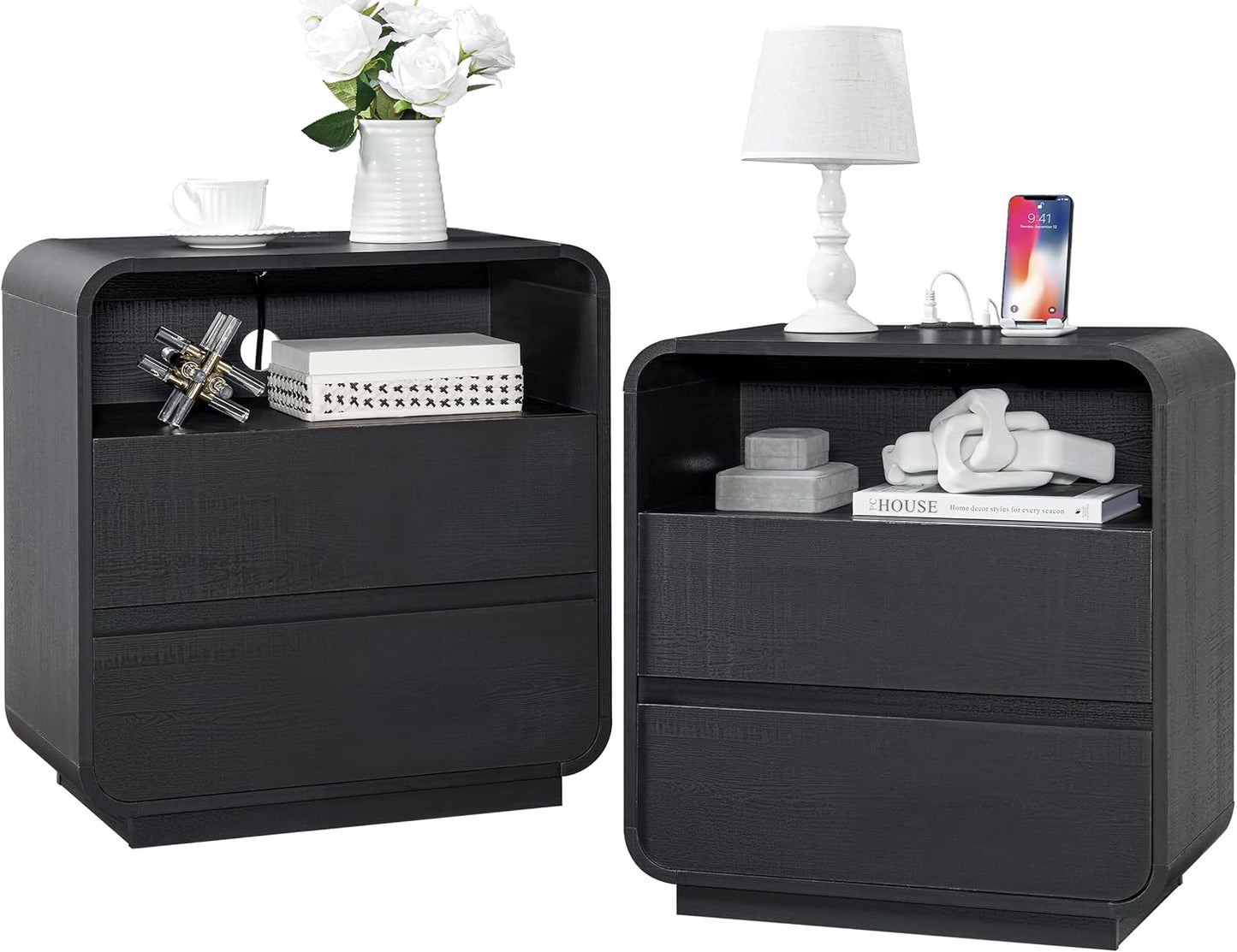 Black Nightstand Set of 2 with Charging Station, 25" Tall Wood Bedside Table, Modern End Table with 2 Storage Drawers, Curved Profile, Handleless, Mid Century Night Stand for Bedroom