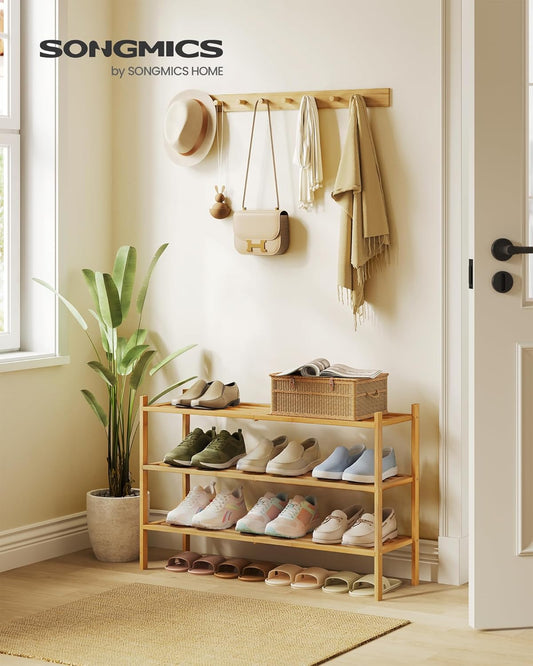 Bamboo Shoe Rack for Closet, Stackable Shoe Oragnizer with Modular Structure, Space-Saving Free Standing Shelf for Entryway Bedroom, 3-Tier, Holds 12-16 Pairs, Natural Color ULBS053YL01