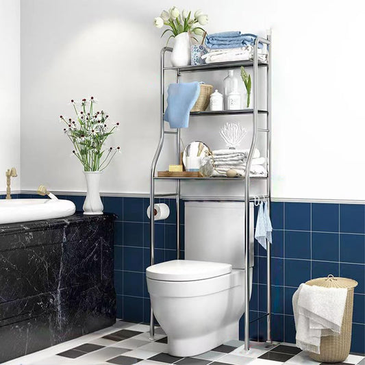 2-Tier over the Toilet Storage, Freestanding Metal Bathroom Shelves, above Toilet Storage Rack with Hooks and Paper Holder, Space-Saving, for Bathroom Restroom Laundry, Stainless Steel