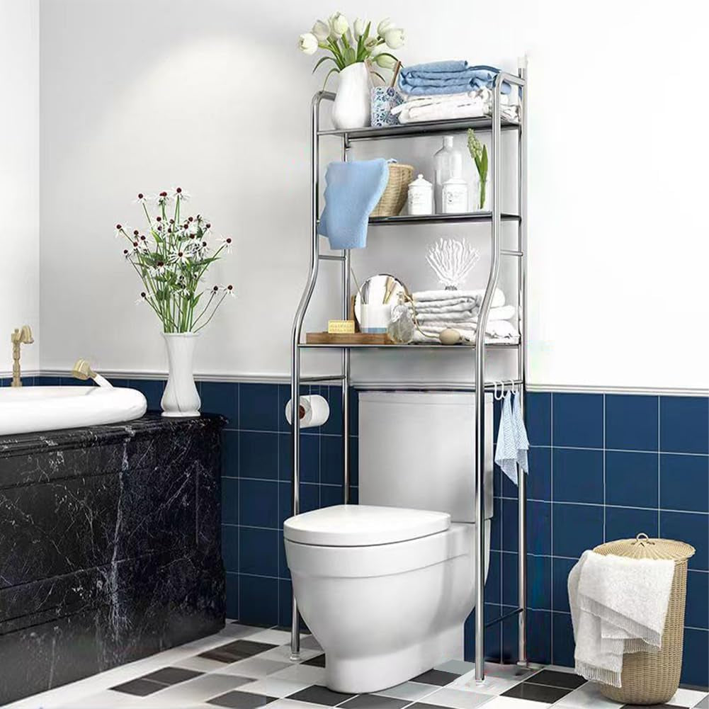 3-Tier over the Toilet Storage, Freestanding Metal Bathroom Shelves, above Toilet Storage Rack with Hooks and Paper Holder, Space-Saving, for Bathroom Restroom Laundry, Stainless Steel