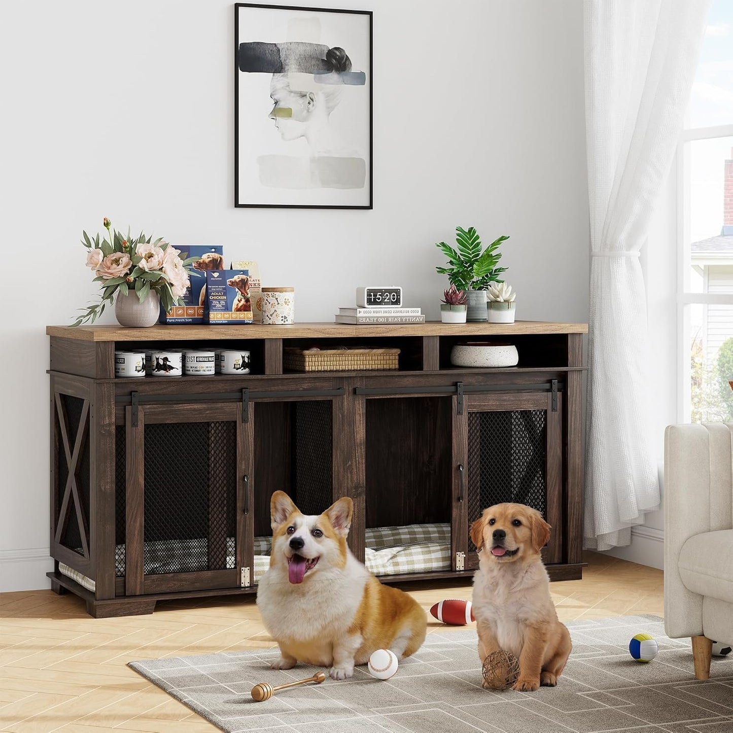 71" Extra Large Dog Crate Furniture, Heavy Duty Dog Kennel with Sliding Barn Door, 3 Storage Compartments & Removable Divider, TV Stand Side Table for Living Room, Light Oak/White