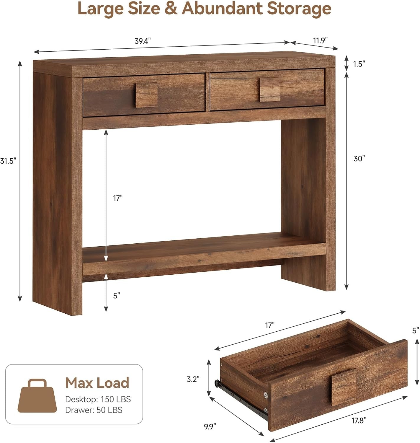 Console Table with Drawers, 47 Inch Narrow Entryway Table with Open Storage Shelves, Mid Century Modern Hallway Accent Tables behind Couch Table for Living Room (Vintage Brown)