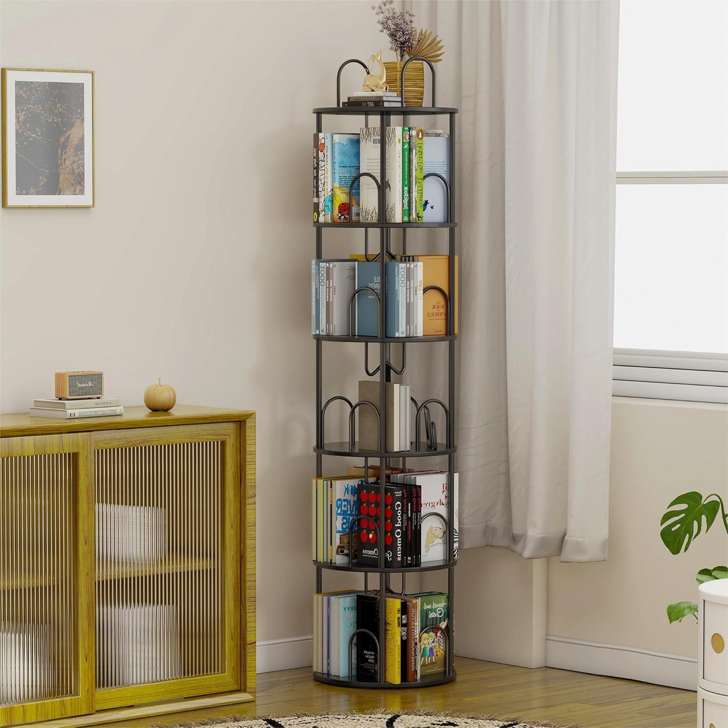 4 Tier Rotating Bookshelf, 360° Spinning Bookshelf Tower, round Narrow Space Saving for Books and Display, Revolving Bookcase Corner Tall Book Shelf for Small Spaces, Bedroom, Living Room, Gold