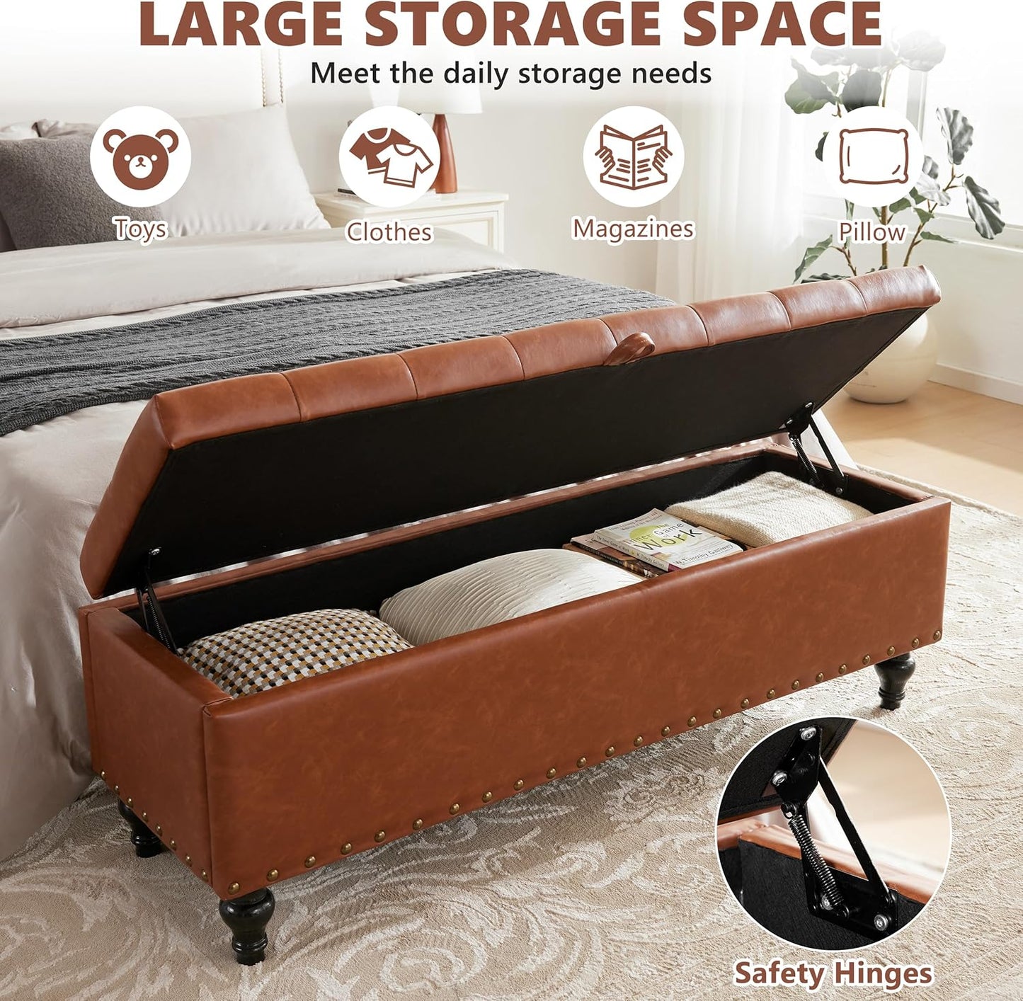 51.8’’ Storage Ottoman Bench, Faux Leather Ottoman with Storages, Window Benches Holds up to 330Lbs, Upholstered Storage Bench for Bedroom, Living Room, Entryway and Family Room, Light Gray