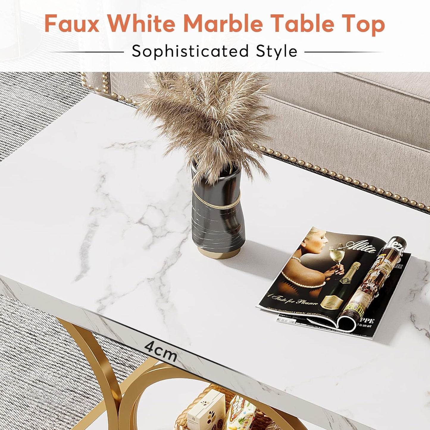 Rectangle Coffee Table, 46.45-Inch Modern Coffee Tables for Living Room, 2-Tier Faux Marble Wood Coffee Table with Geometric Legs, Furniture with Storage Shelf (White & Gold)