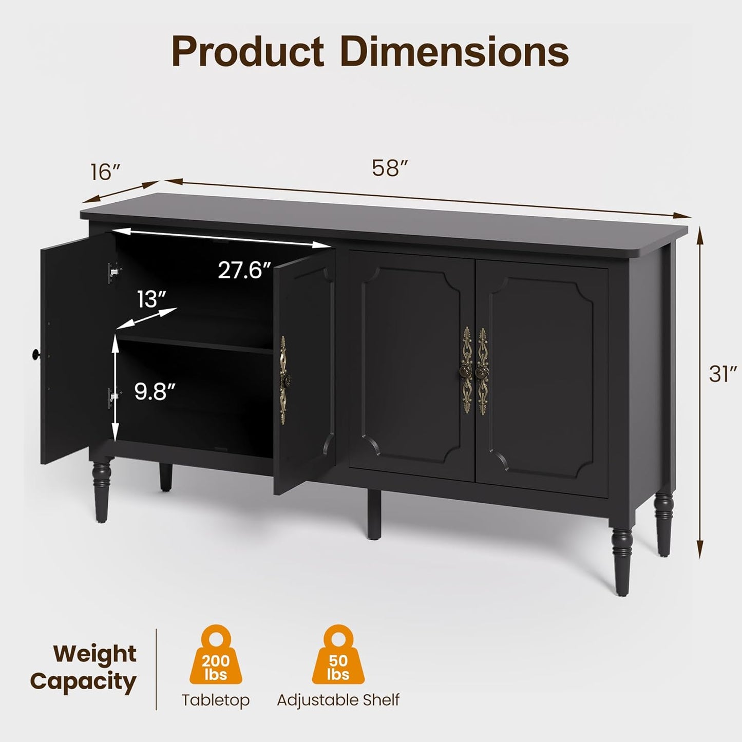 Large Sideboard Buffet Cabinet with Storage, 58'' Modern Credenza Buffet Table Coffee Bar Wine Bar Storage Cabinet with Artistic Carved Handle for Dining Room Living Room, (Satin Black)