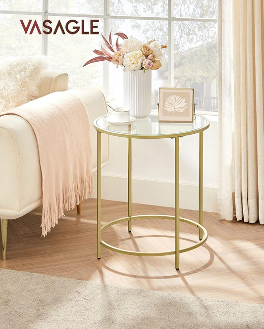 round Side Table, Glass End Table with Metal Frame, Gold Coffee Table with Modern Style, for Living Room, Balcony, Bedroom, Gold Color