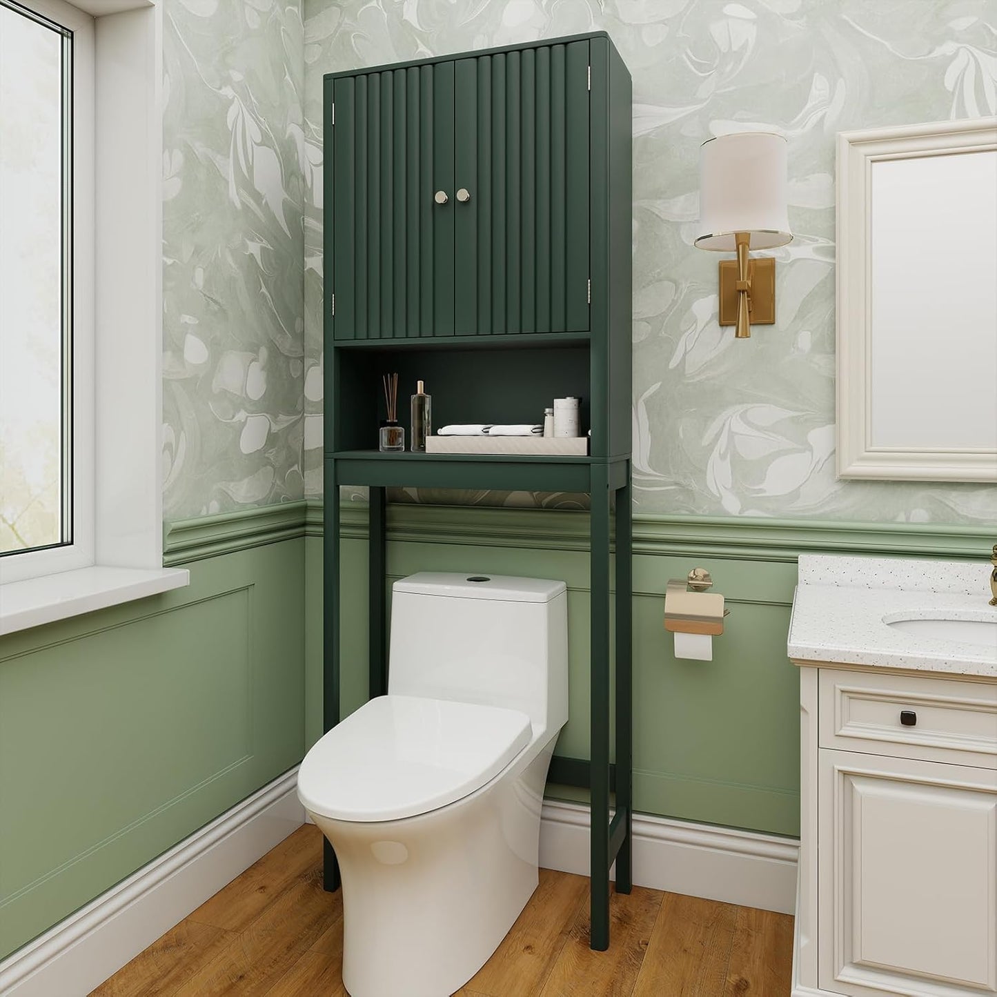 over the Toilet Storage Cabinet, above Toilet Bathroom Organizer with Fluted Doors, Adjustable Shelf & Bottom Bar, Tall Freestanding Rack Space Saver over Toilet (White)