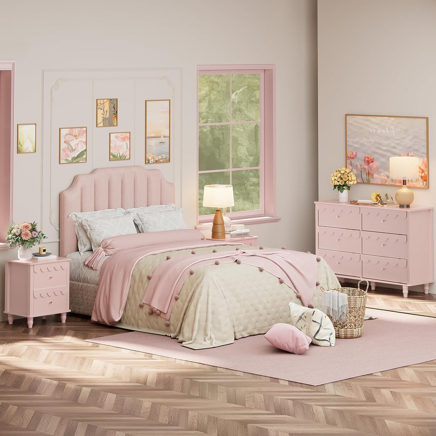 Bedroom Set 2 PCS 6 Drawer Dresser and Night Stand Sets for Bedroom, Two Drawers Nightstand & Scalloped 6 Drawer Dresser Combo 2 Pieces (Pink)