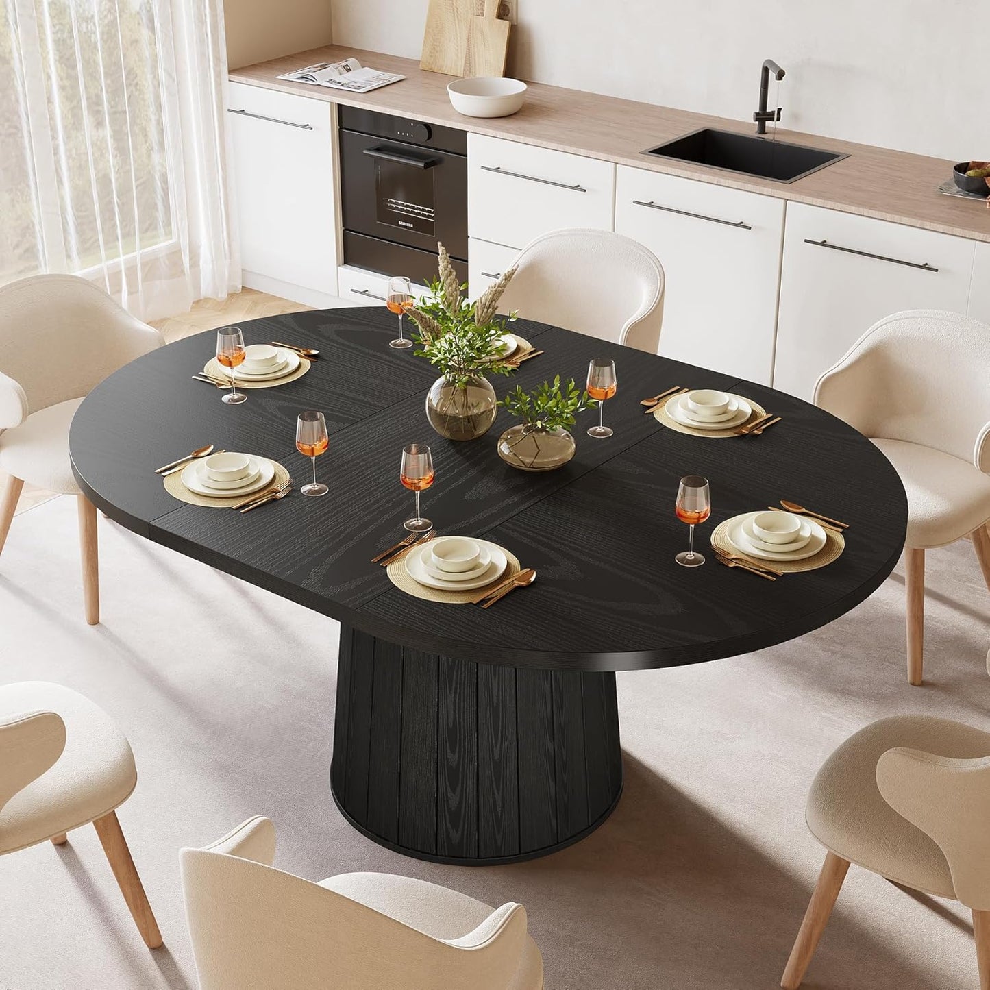 Oval Dining Table for 6 People, 55.11-Inch Farmhouse Kitchen Dinner Table with Cylindrical Pedestal (All Black)