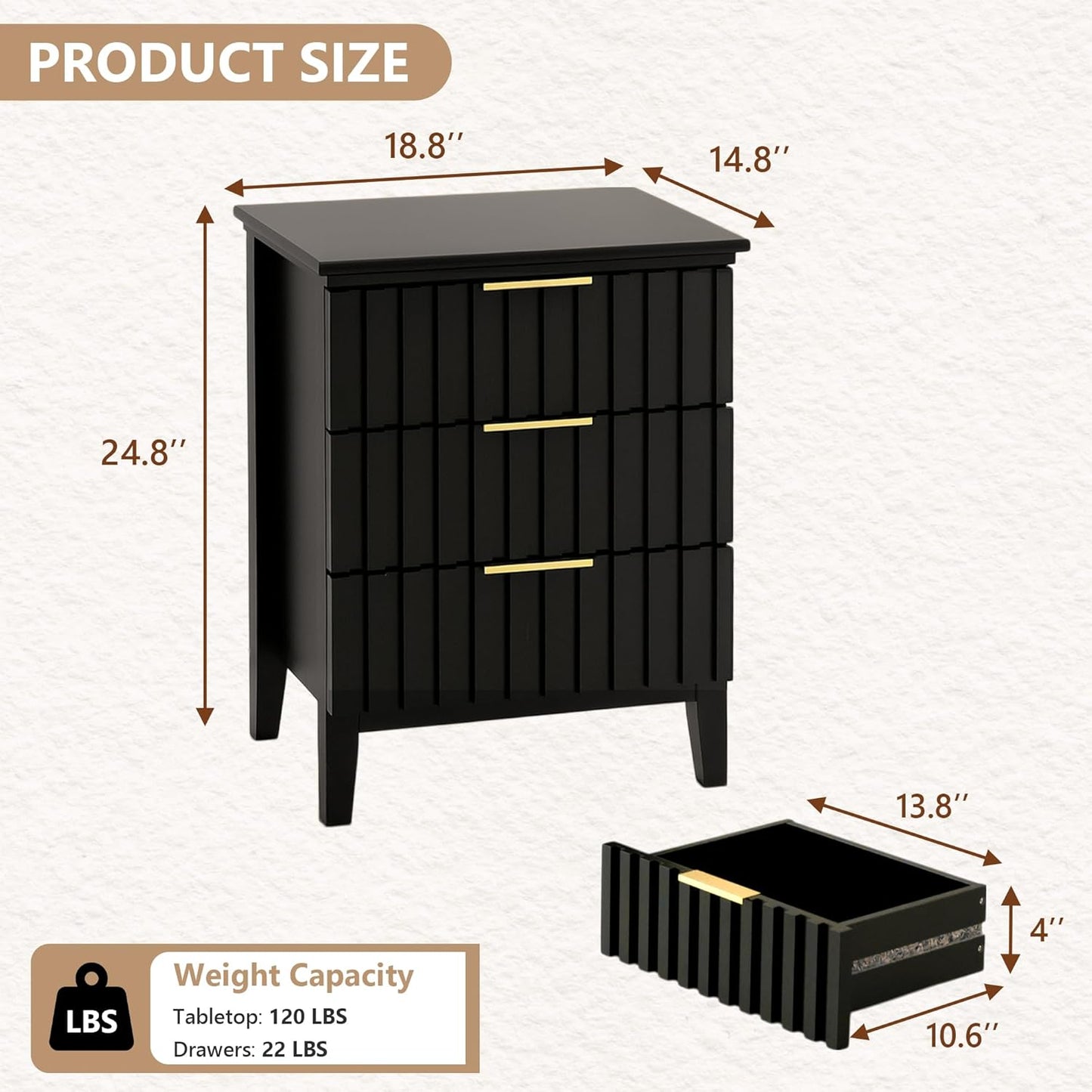 3 Piece Dresser and Nightstand Sets Modern Fluted Bedroom Set with 6 Drawer Dresser & 2 Nightstands,Mdf Wood, Gold Handles, Black Finish, Storage Furniture for Bedroom, Closet, Apartment