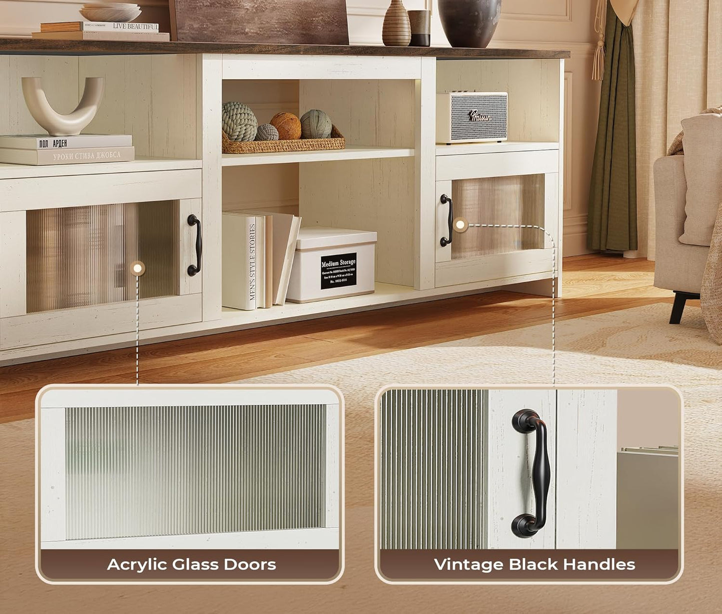 TV Stand for 60 Inch TV, TV Console Cabinet with Power Outlets and LED Lights, 54 Inch Entertainment Center, 2 Acrylic Cabinets, 4 Cable Holes, Open Shelves, for Living Room, Distressed White