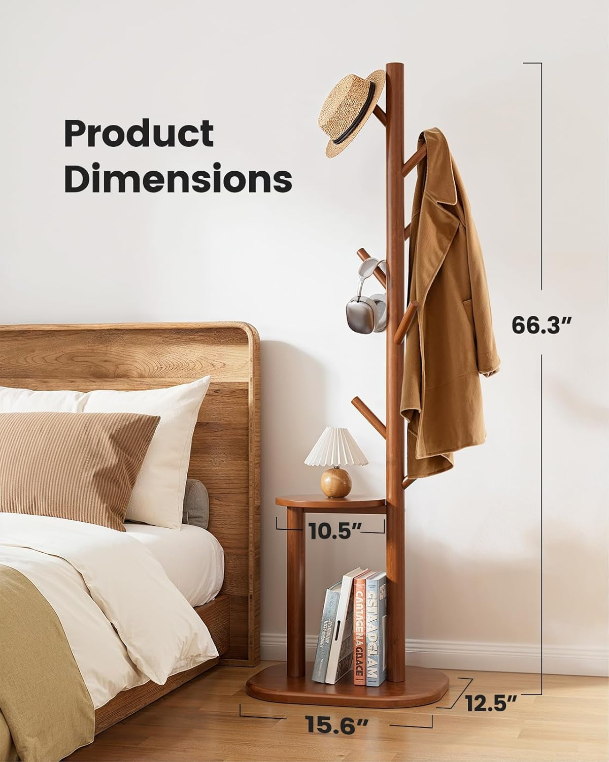 Coat Rack, Freestanding Hall Tree with 8 Hooks & Storage Shelf, Solid Wood Base, 66.3″ Tall Coat Rack Stand for Coats, Hats, Bag in Entryway, Bedroom, Living Room, Brown, PIFCR11BN