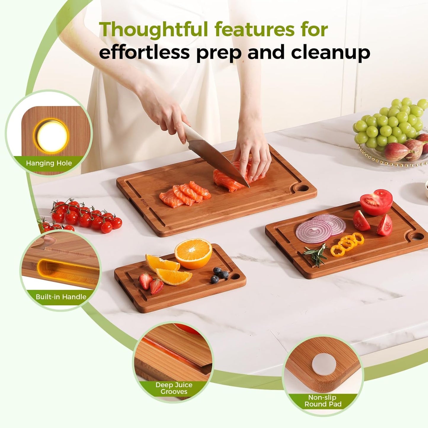 Bamboo Cutting Board for Kitchen, Wood Cutting Board 3 Piece Set with Non-Slip Mat Deep Juice Groove and Built-In Handles, Wooden Cutting Boards for Meat Vegetables Fruit for the Home