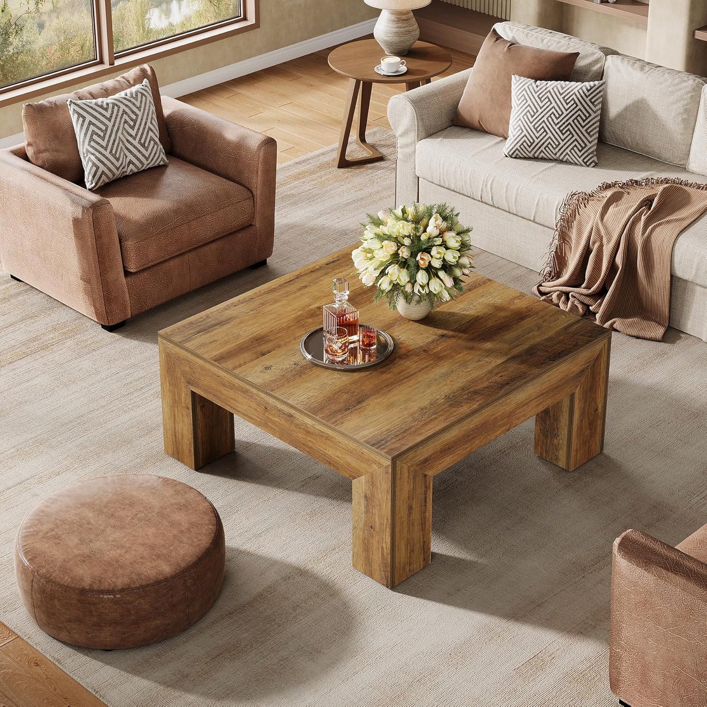 39.4-Inch Square Coffee Table for Living Room, Farmhouse All MDF Accent Center Cocktail Table with Sturdy Wooden Legs, Easy Assembly, Rustic Brown