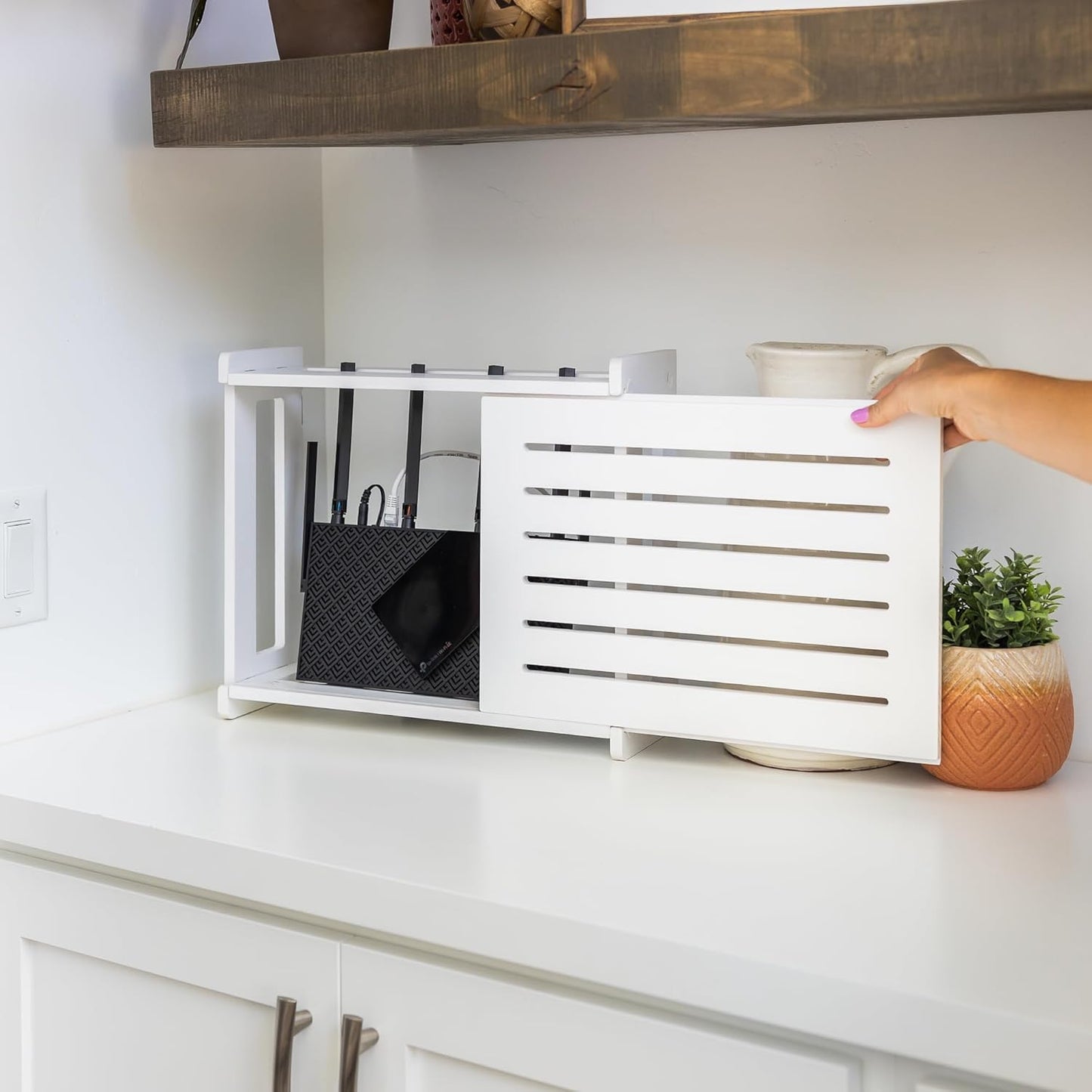 Wooden Wifi Router Storage Box - Standard Wall Mountable Decorative Modem Shelf Hider Cover with Cable Management System - Rustic Home Organization Solution for Most Routers up to 11" Tall - White