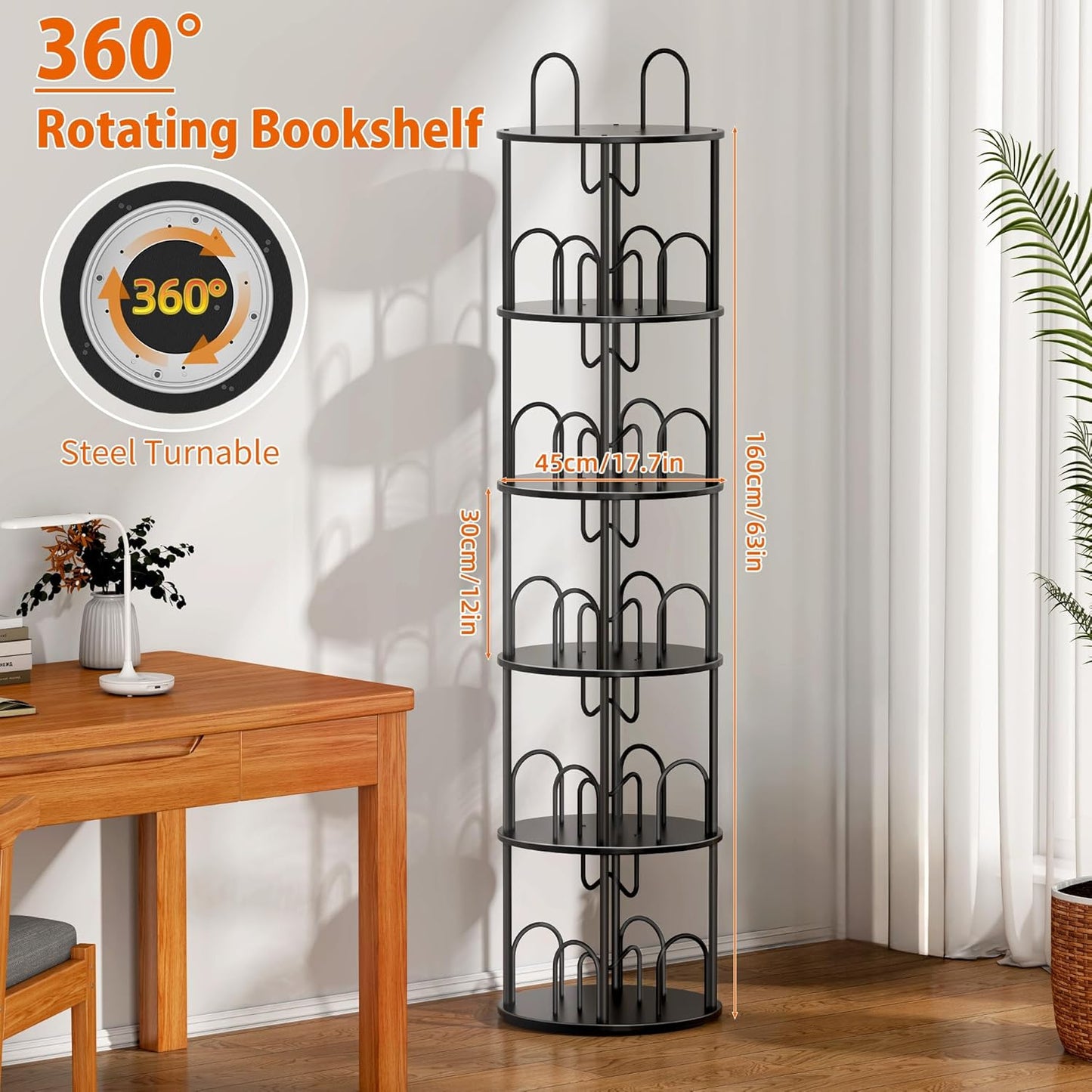 3 Tier Rotating Bookshelf, 360° Spinning Bookshelf Tower, round Narrow Space Saving for Books and Display, Revolving Bookcase Corner Tall Book Shelf for Small Spaces, Bedroom, Living Room, Black