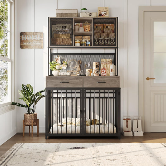 71" Tall Dog Crate Furniture, Indoor Dog Kennel with Hutch, 42" W Dog Cage for Large/Medium Dogs, Wood Dog Crates with 2 Storage Drawers, Heavy Duty Pet House, Ash Grey