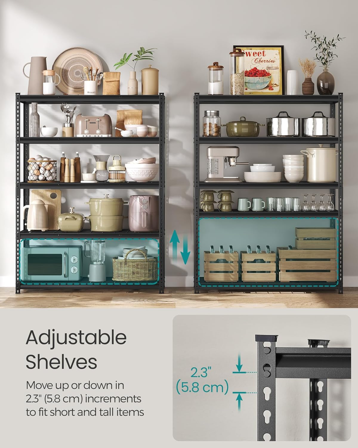 5-Tier Storage Shelves, Heavy-Duty Garage Shelving, Adjustable Shelving Unit, Steel Shelf, Boltless Assembly, for Garage, Shed, 2,200 Lb Load, 24 X 48 X 72 Inches, Ink Black UGLR454B01