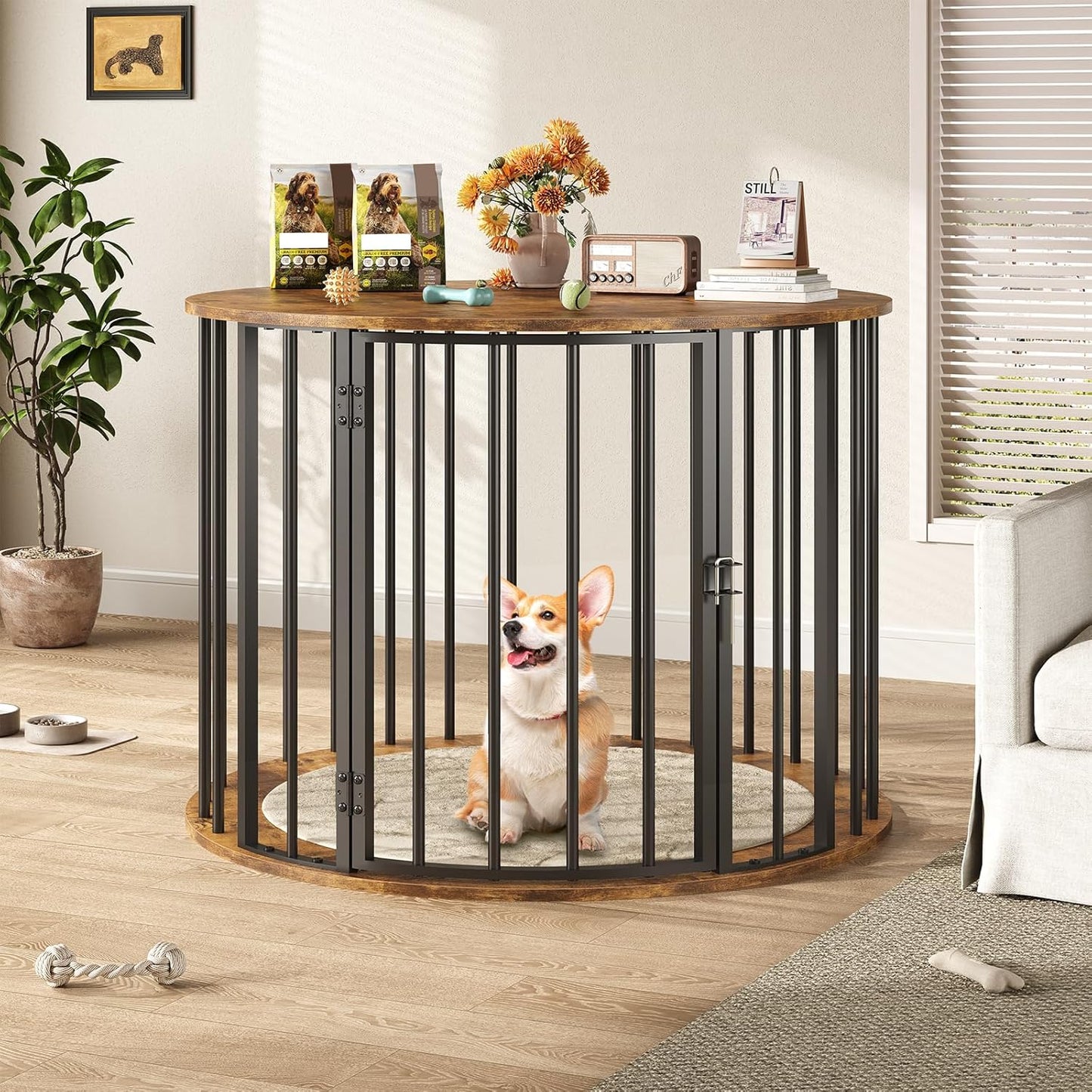 32 Inch Dog Crate Furniture for Large Medium Dogs, Wooden Dog Kennel Indoor Decorative Pet House Side End Table, round Dog Cage, White and Gold