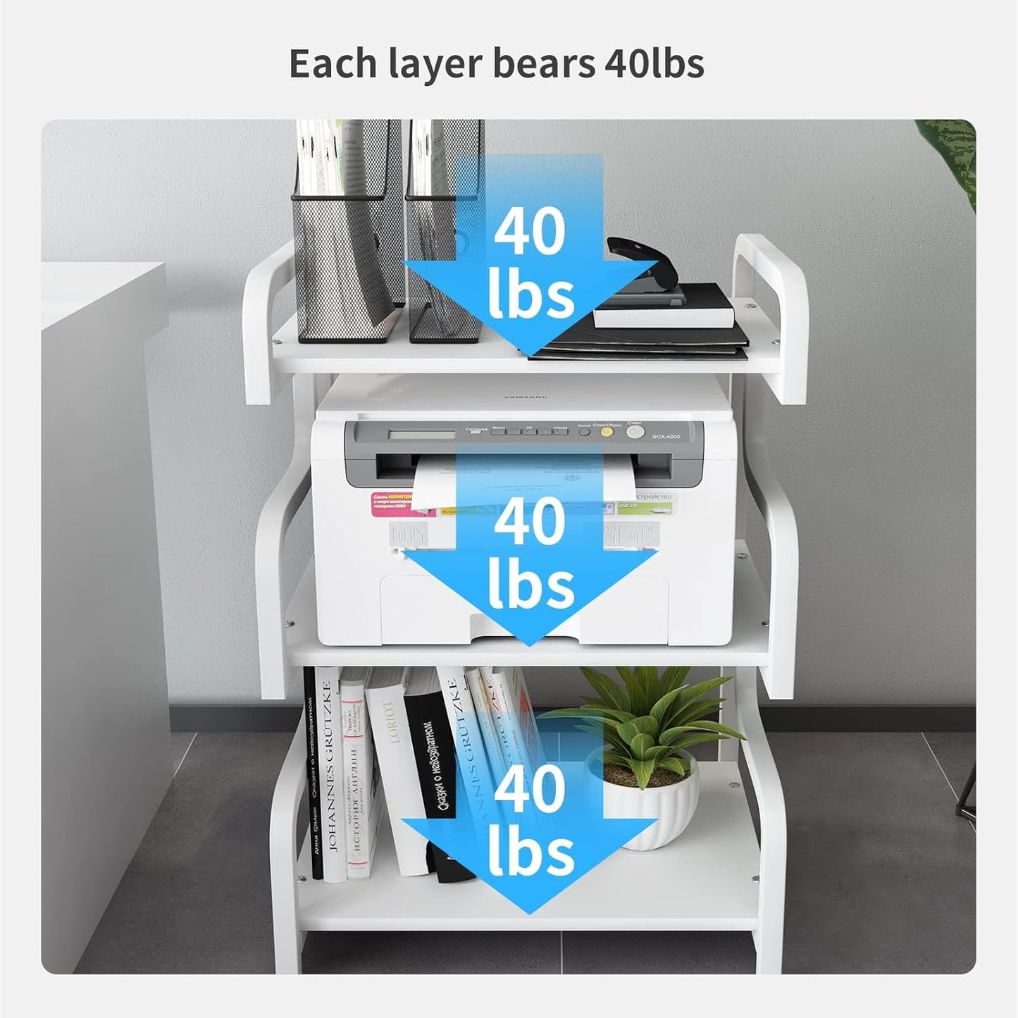 3-Tier Printer Stand with Wheels Movable Storage Cart Floor-Standing Multi-Purpose Shelf Rack for Media Player Scanner Files Books Microwave Oven in Kitchen Living Room Home Office (White)