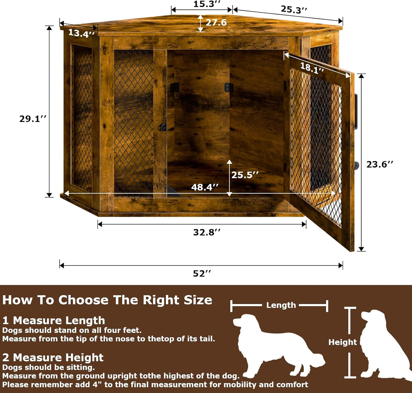 Corner Dog Crate Furniture, 52" Wooden Dog Kennel Furniture End Table with Mesh, Dog Kennel Indoor Furniture for Small Medium Large Dogs, Modern Decorative Wood Pet House Dog Cage Crate, Brown