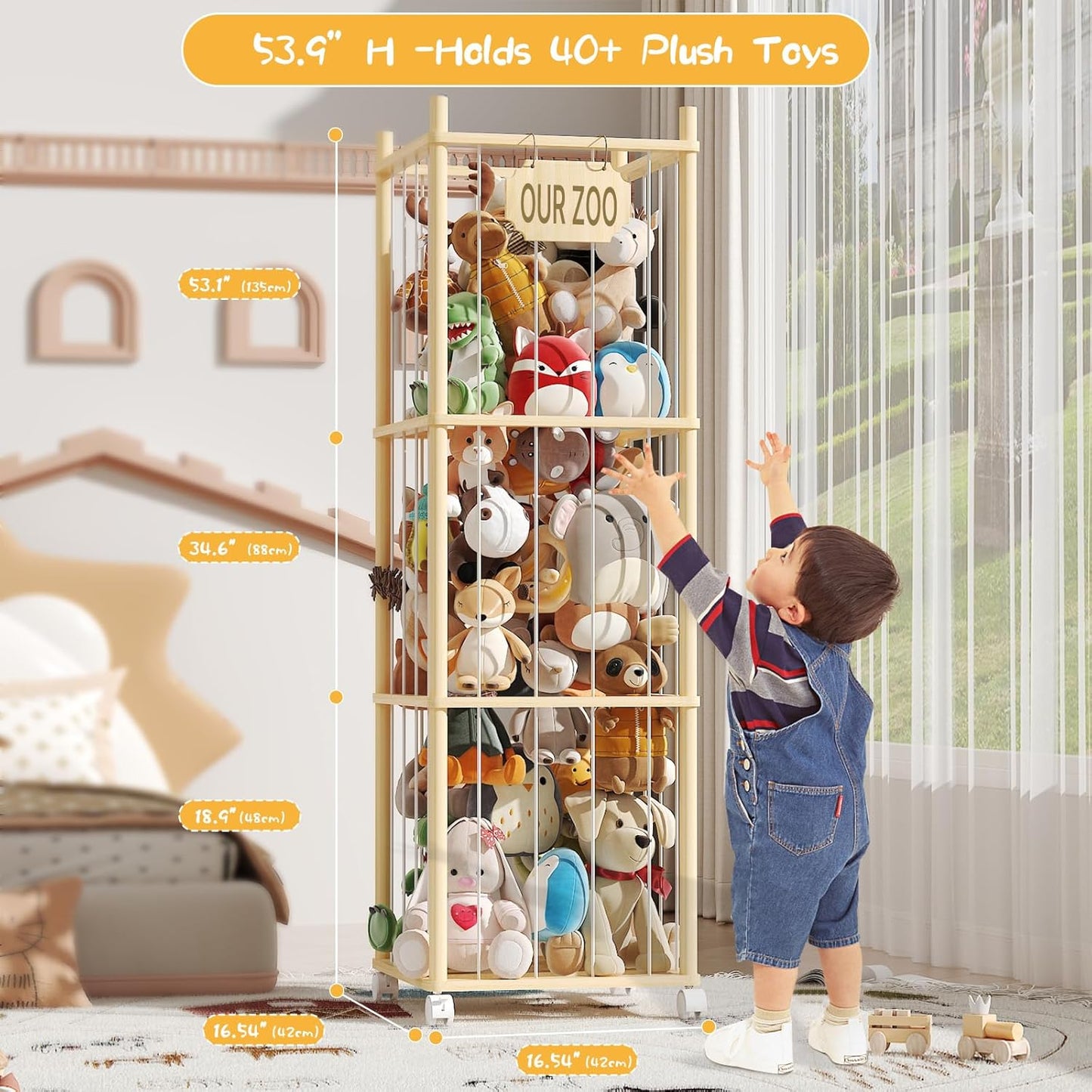 Stuffed Animal Storage & Organizer with Wheels, 225QT Oversize Zoo Toy Holder with Hammock Baby Hanging Storage Net, Giant Plush Toy Organizer for Toddler Rooms,Playroom16.5"L*16.5W*53"H (3-Layers)