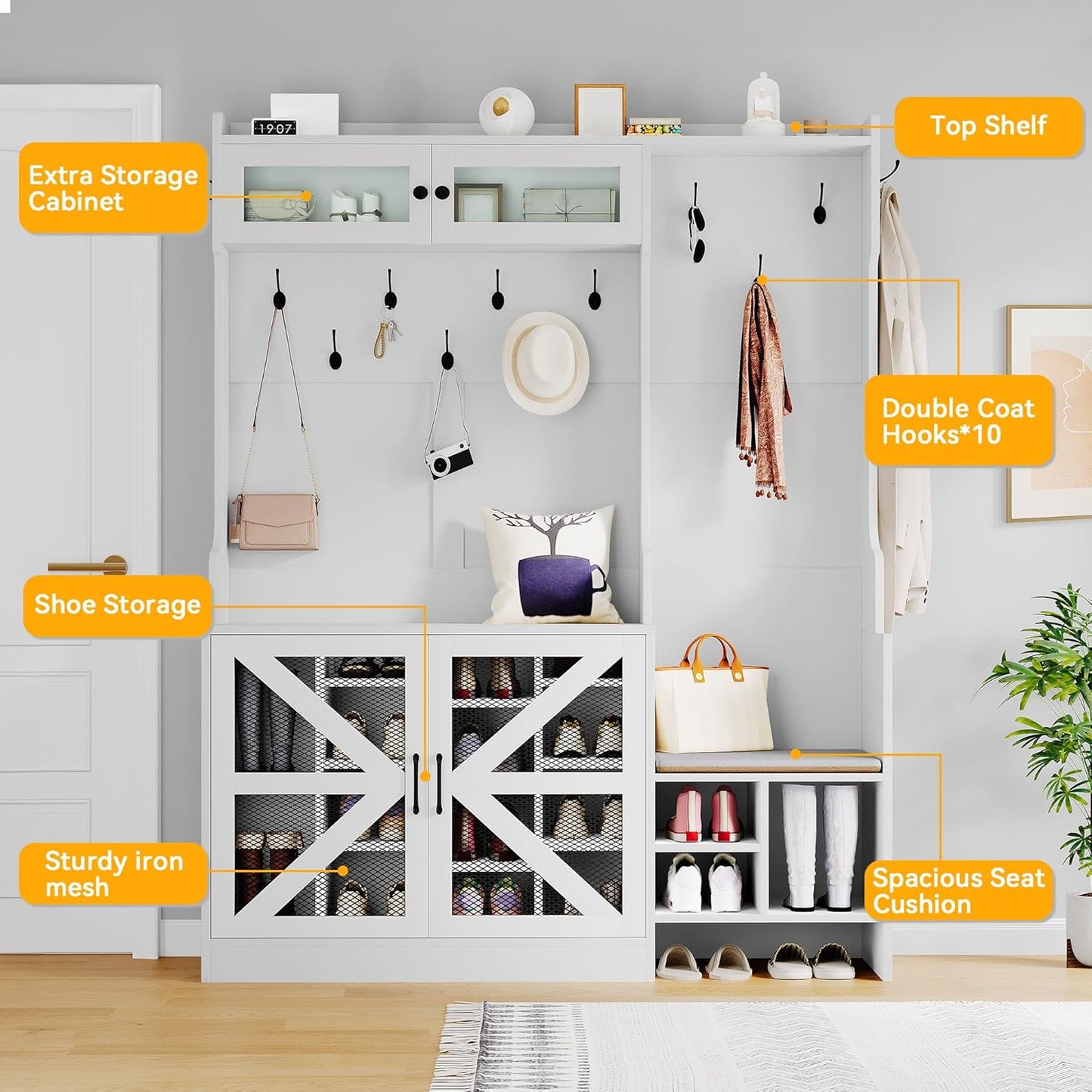 Farmhouse Hall Tree with Shoe Storage & Coat Rack Entryway Organizer with 18 Adjustable Shoe Cubbies 12 Hooks White Shoe Cabinet for Hallway