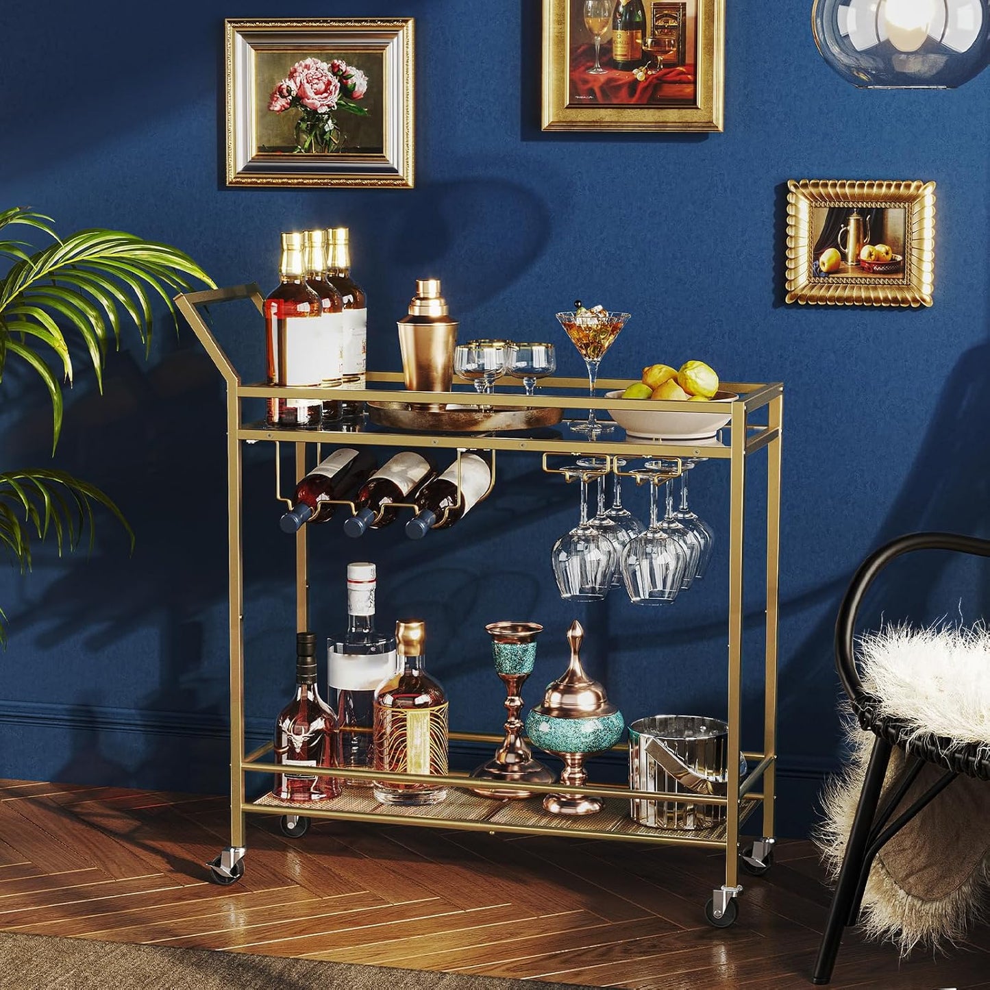Bar Cart for the Home, 2-Tier Kitchen Cart with Wine Rack and Glass Holder, Serving Cart with Wheels and Guard Rails for Dining Room, Living Room, Party, Bar, Gold GD11TC01