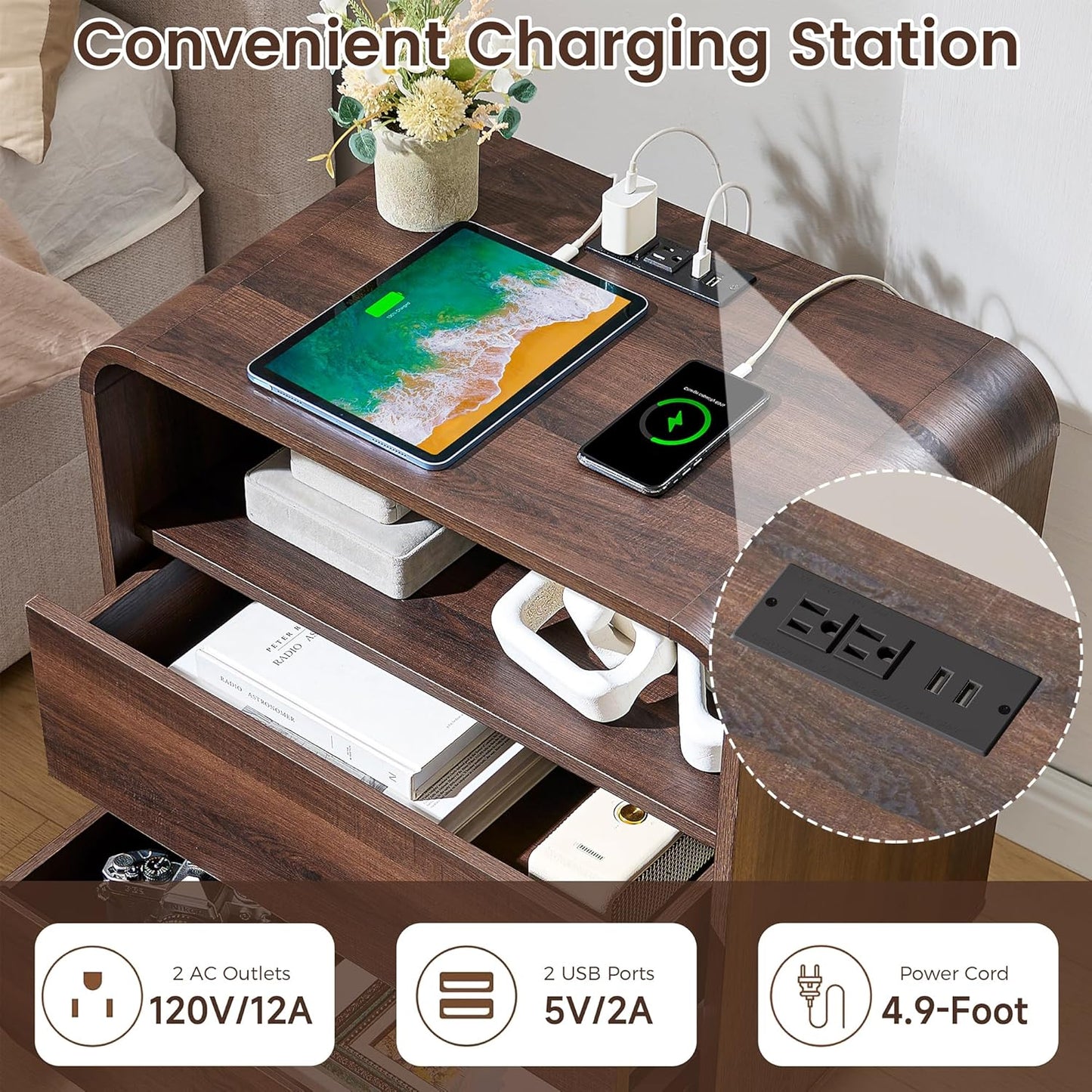 Modern Nightstand Set of 2, 23.2" Wide Wood Bedside Table with Charging Station, 3 Storage Drawers Side Table Curved Profile, Handleless, Large End Table Night Stand for Bedroom, Walnut 