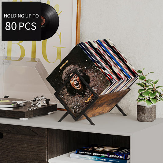 Vinyl Record Holder, 80-100 LP Vinyl Record Storage Rack, Quick Assembly Vinyl Record Display, Retro Style Organizer for Magazine, Book, Files, Albums (Rustic Brown, 1 Tier)