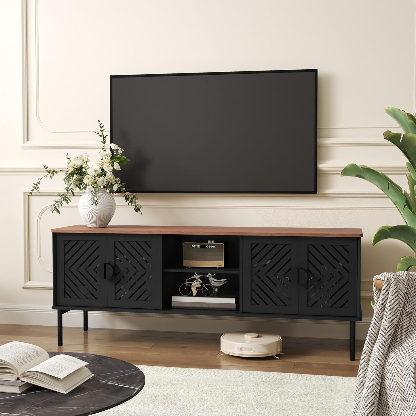Black long modern TV stand with storage and doors, view 6