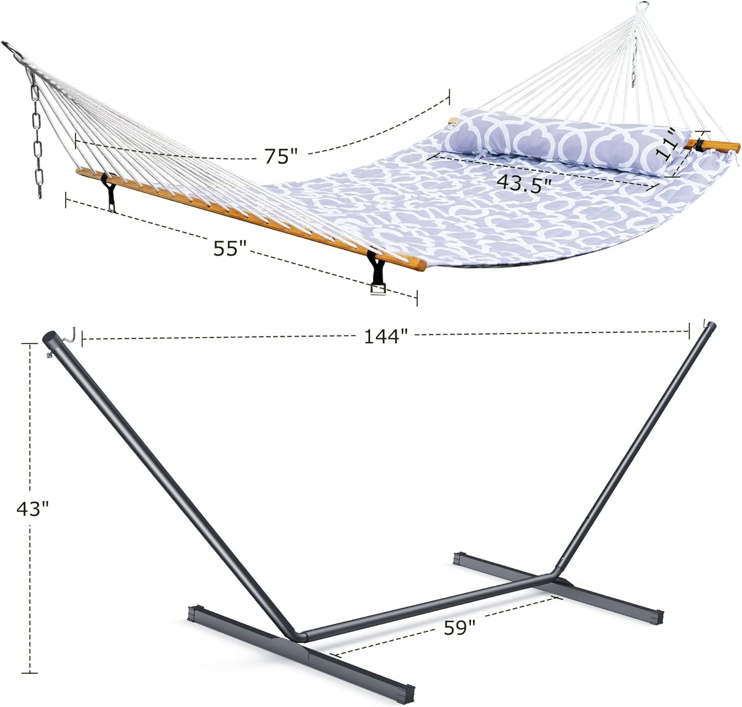 Double Hammock with Stand, Heavy Duty Outdoor Hammock for Two, 500 LBS Capacity, Stable Steel Frame with Balance Strap, Easy Tool-Free Assembly for Patio, Garden, Backyard & Beach,White Grey
