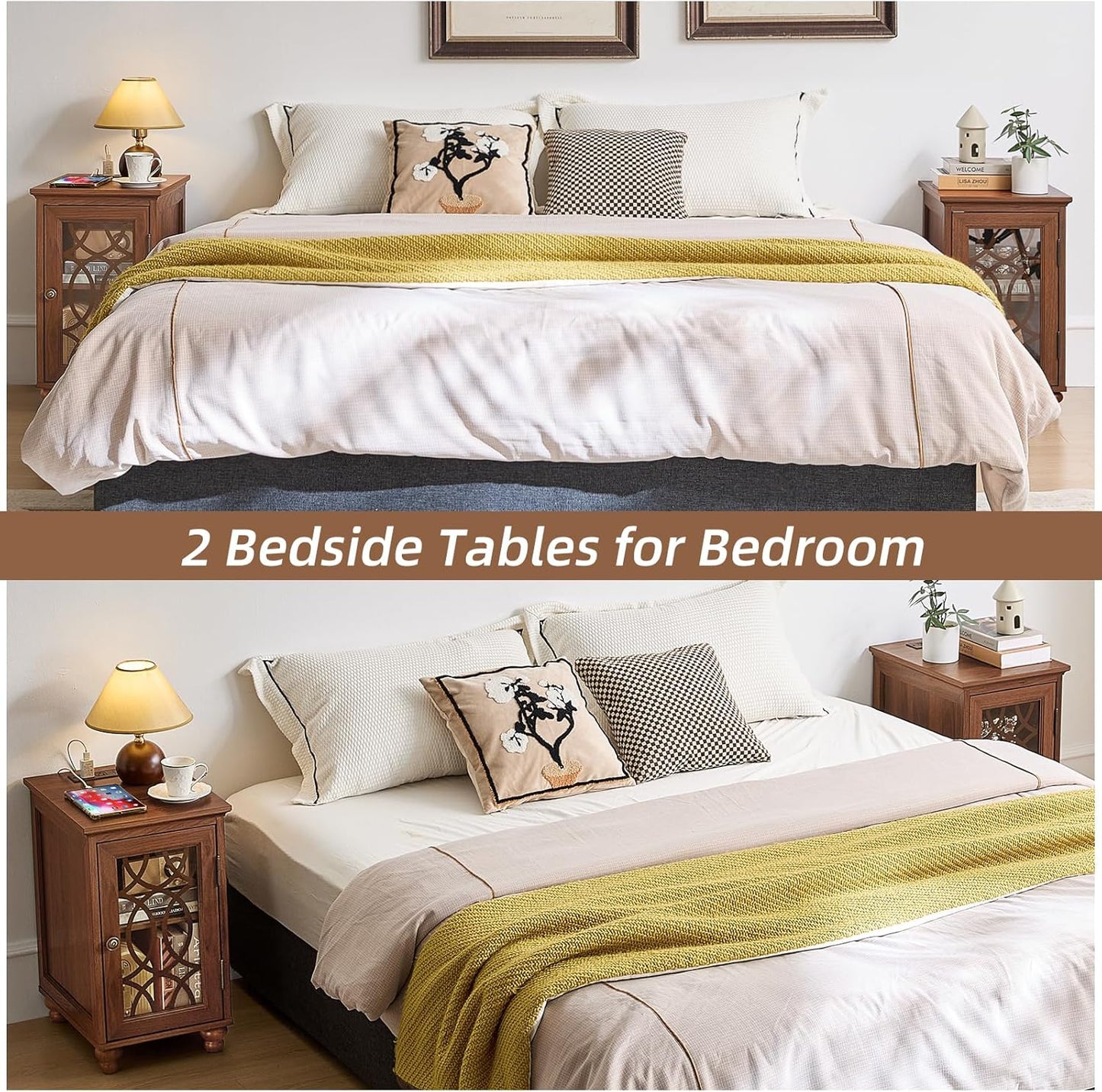 Narrow Side Table with Charging Station Set of 2, Night Stand with Glass Door,Bedside End Tables with Adjustable Shelf Storage Cabinet,Wood Nightstand for Small Spaces Living Room Bedroom