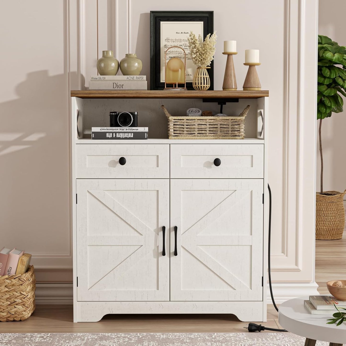 31.5" White Storage Cabinet with Doors and Drawers, Farmhouse Sideboard Buffet Cabinet with Storage, Kitchen Pantry Hutch, Coffee Bar Table Station for Kitchen, Livingroom, Dining Room