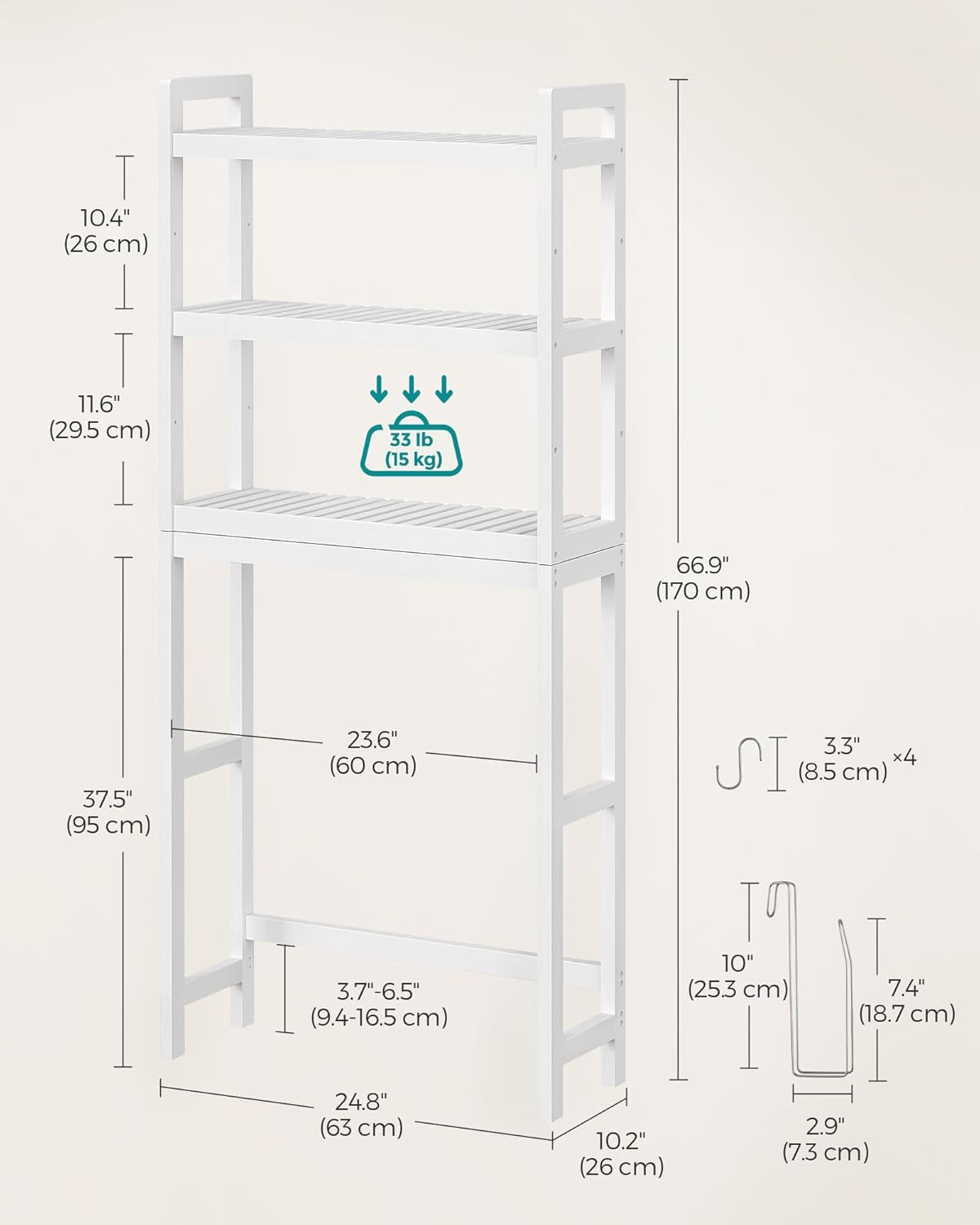 over the Toilet Storage, 3-Tier over Toilet Bathroom Organizer with Adjustable Shelf, 10.2 X 24.8 X 66.9 Inches, Space-Saving, Cloud White UBTS01WT