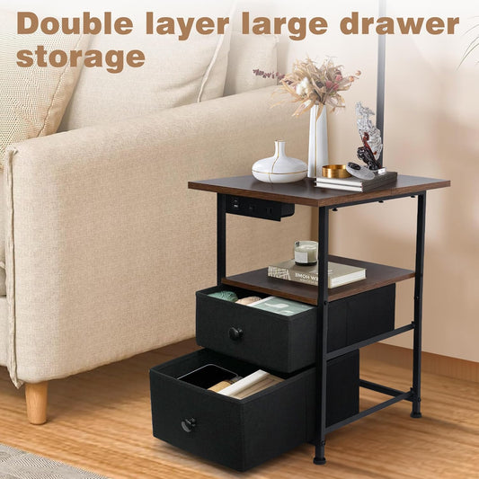 Floor Lamp with Table & 2 Drawers, End Table with 3 Color Temperature Reading Light, Side Table Lamp with USB & Type C & AC Charging Port for Living Room, Bedroom