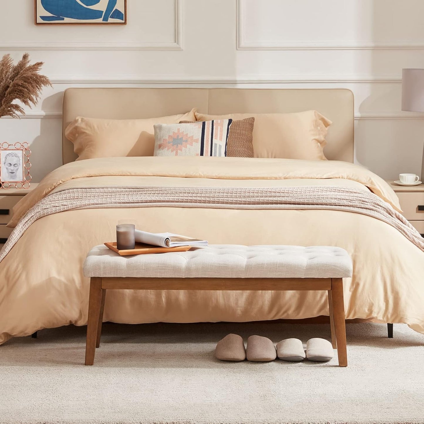 Bedroom Bench for End of Bed, Upholstered Dining Seat for Kitchen, Button-Tufted Ottoman Bench for Entryway and Living Room, Beige