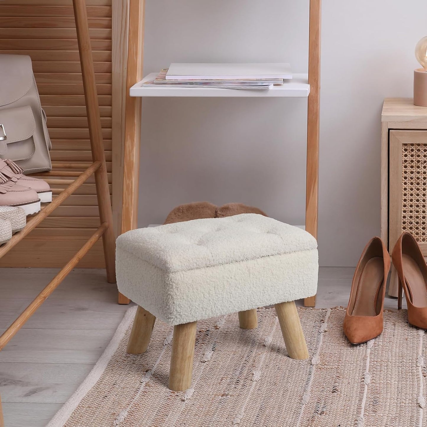 Storage Ottoman, Small Foot Stool Ottoman with Storage, Boucle Teddy Velvet Foot Rest with Padded Seat, Sturdy Wood Legs Stool for Living Room, Bedroom, Couch, Enterway (Cream)