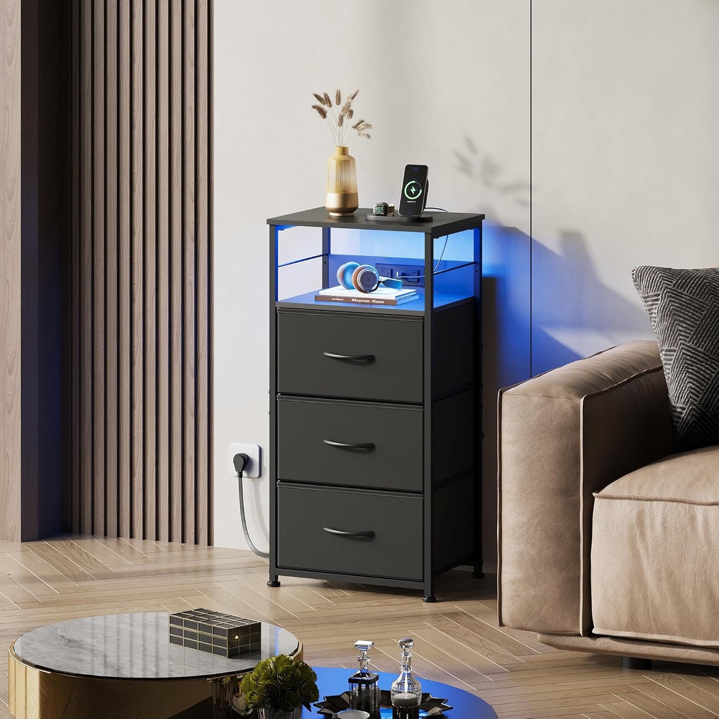 Nightstand with Charging Station, 31.9" H Nightstand with 3 Fabric Drawers, LED Bedside Table with USB Ports and Outlets, End Table for Dorm, Bedroom, Entryway, Black