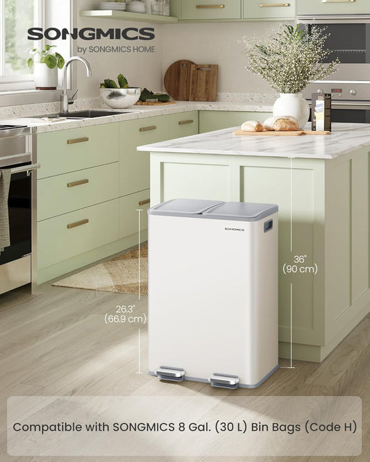 Trash Can, 2 X 8 Gallon (2 X 30 L) Dual-Compartment Garbage Can with Soft-Close Lid, Pedal and Inner Buckets, Stainless Steel, Includes 15 Liner Bags, Matte White ULTB741W01