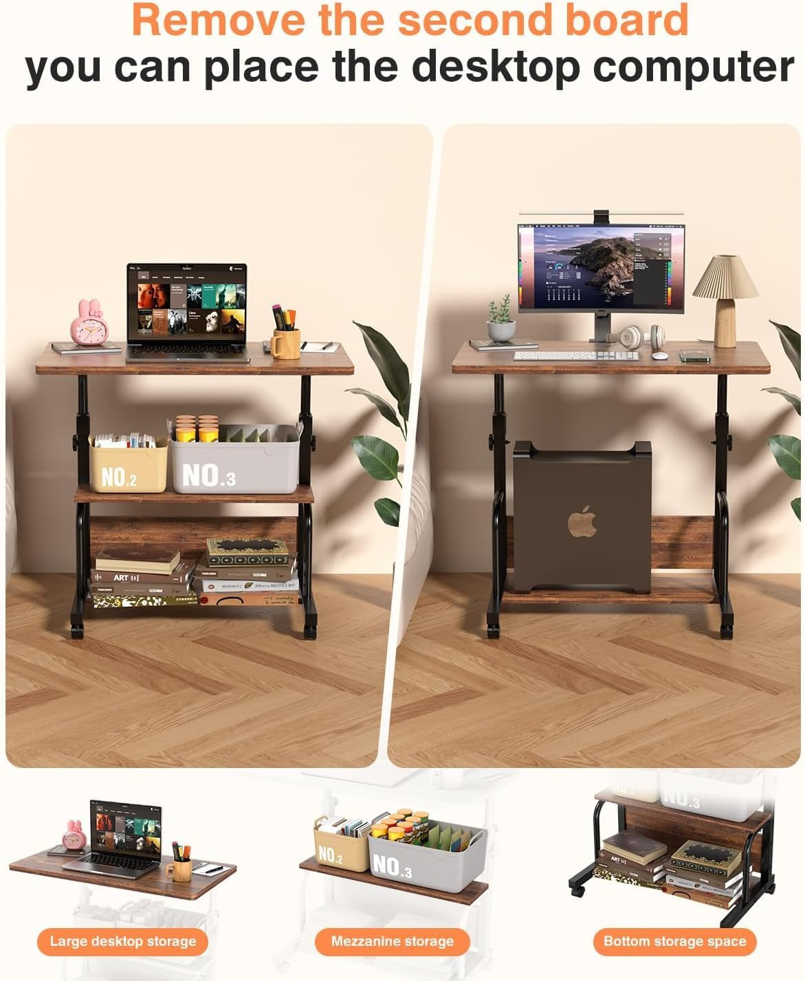 Portable Rolling Desk on Wheels Adjustable Height Desks for Small Spaces, 32" Computer Desk Drafting Tables with Storage Shelves for Home Office Rustic