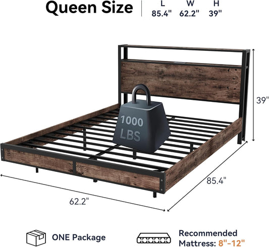 Queen Size Bed Frame with Storage Headboard, Sturdy Metal Platform Bed Frame with LED Lights and Charging Station, Easy Assembly, No Box Spring Needed, Noise Free, Rustic Brown