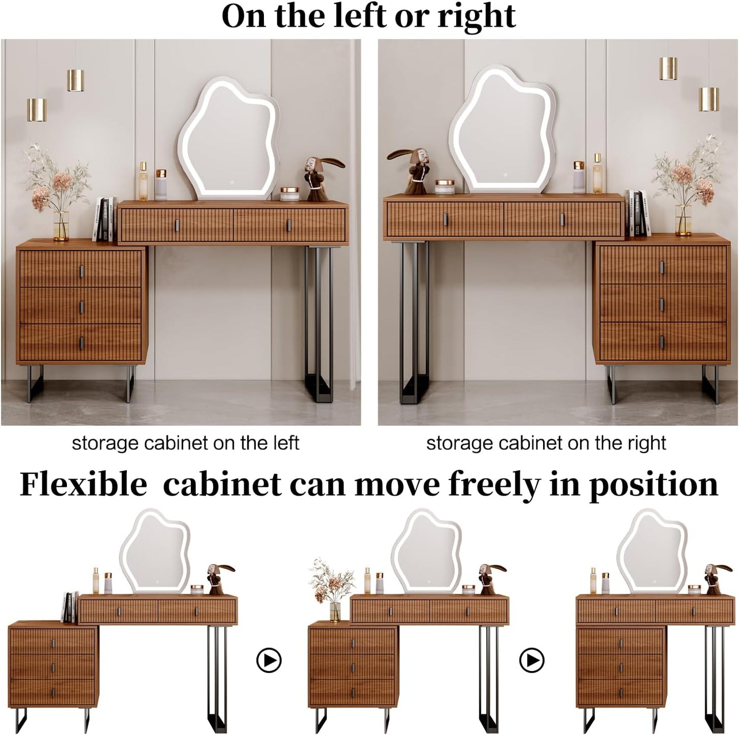 Brown Vanity Desk with Mirror and Lights,Small Makeup Vanity with 5 Drawers,Modern Makeup Table with Adjustable Cabinet for Bedroom,Makeup Room