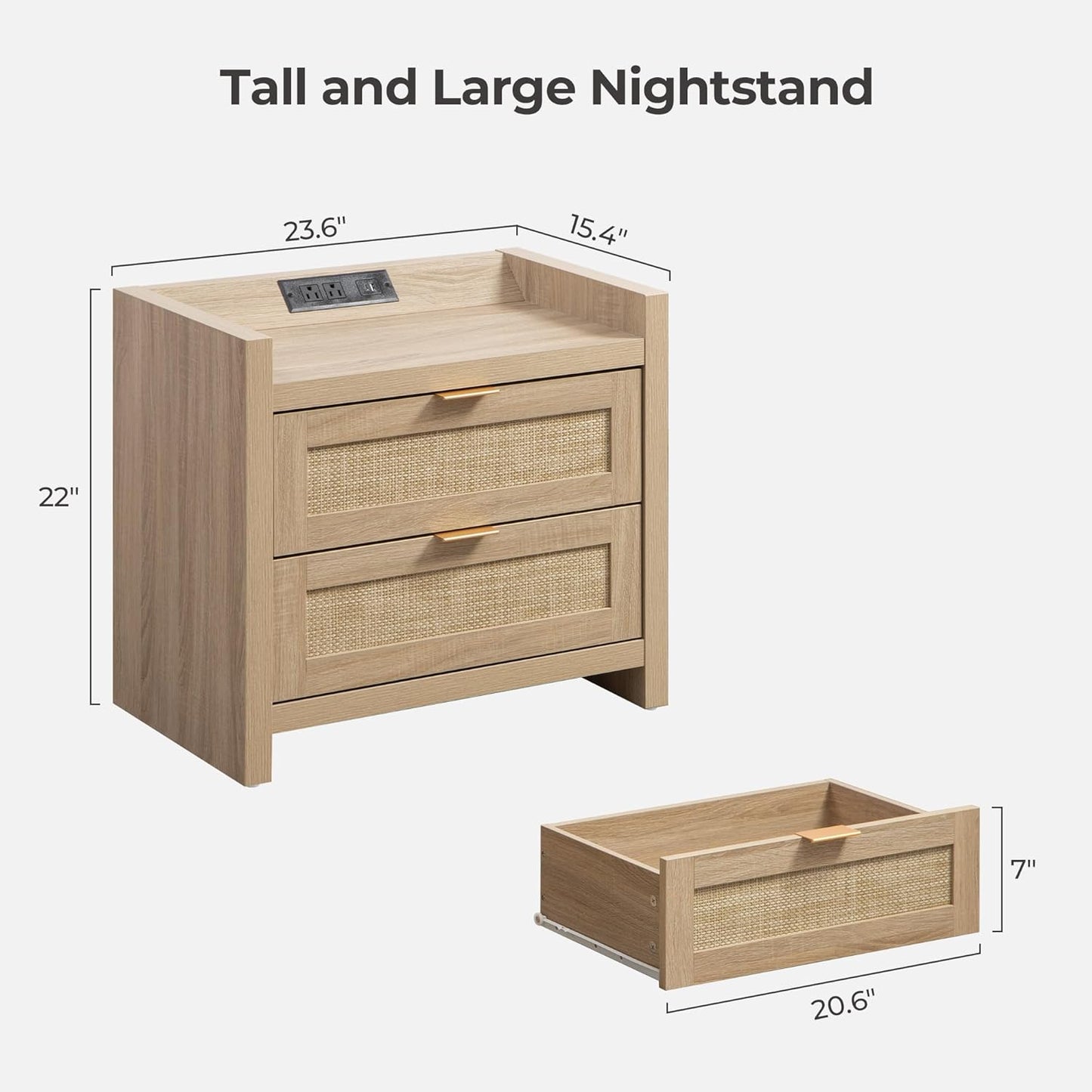Rattan Nightstands Set of 2 Bedside Table - Bedroom Night Stand with Type-C Charging Station, 2 Drawers Storage - Boho Night Stands End Table for Bedroom Office - Light Oak